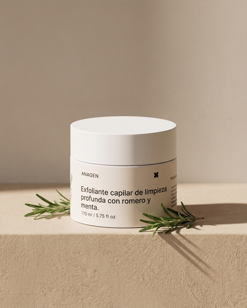 Exfoliante Capilar Purificante de Romero y Menta de Anagen sobre superficie de yeso beige con ramitas de romero